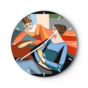 Reloj de pared - Reloj de vidrio - Dos mujeres en estilo geométrico sobre un fondo colorido. - 30x30cm - Un momento de confidencias - Decoración de pared moderna para salón, cocina y dormitorio ARTTOR