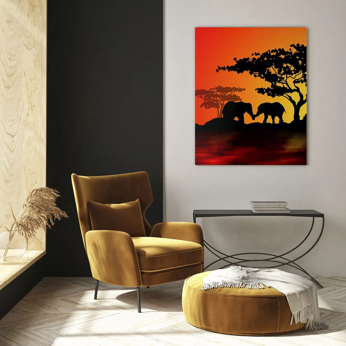 Cuadro sobre vidrio - Impresiones sobre Vidrio - Atardecer africano con siluetas de elefantes y jirafas sobre el agua - 80x120cm - Reunión en la sabana - Decoración de pared moderna para salón y dormitorio ARTTOR