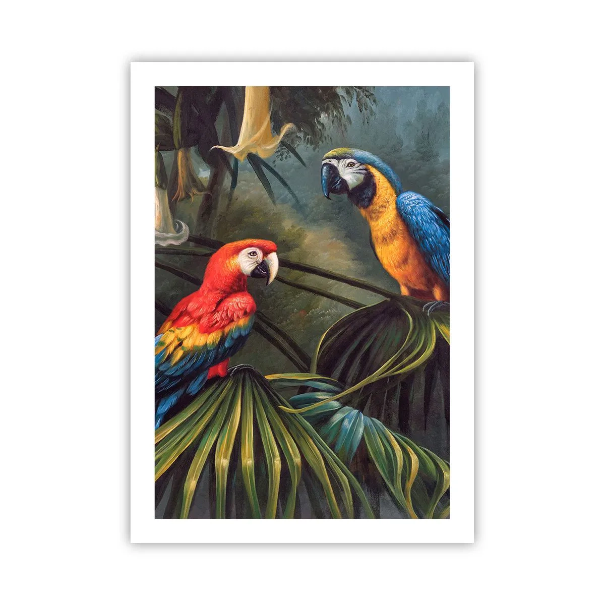 Póster - Loros tropicales rodeados de exuberante vegetación. - 50x70cm - Romanticismo en los trópicos - Decoración de pared moderna para salón y dormitorio ARTTOR