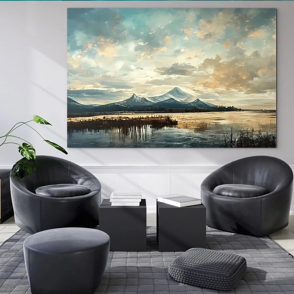Cuadro sobre vidrio - Impresiones sobre Vidrio - Paisaje invernal con montañas y un lago congelado. - 70x50cm - Bajo la protección del cielo - Decoración de pared moderna para salón y dormitorio ARTTOR