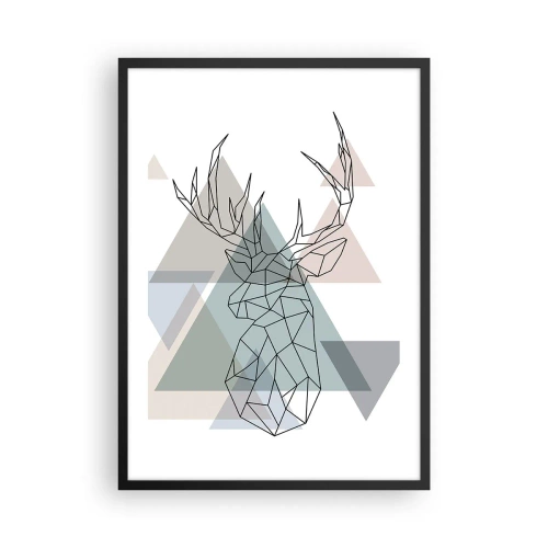 Póster en marco negro - Silueta geométrica de un ciervo sobre un fondo de triángulos. - 50x70cm - En un bosque geométrico - Decoración de pared moderna para salón y dormitorio ARTTOR