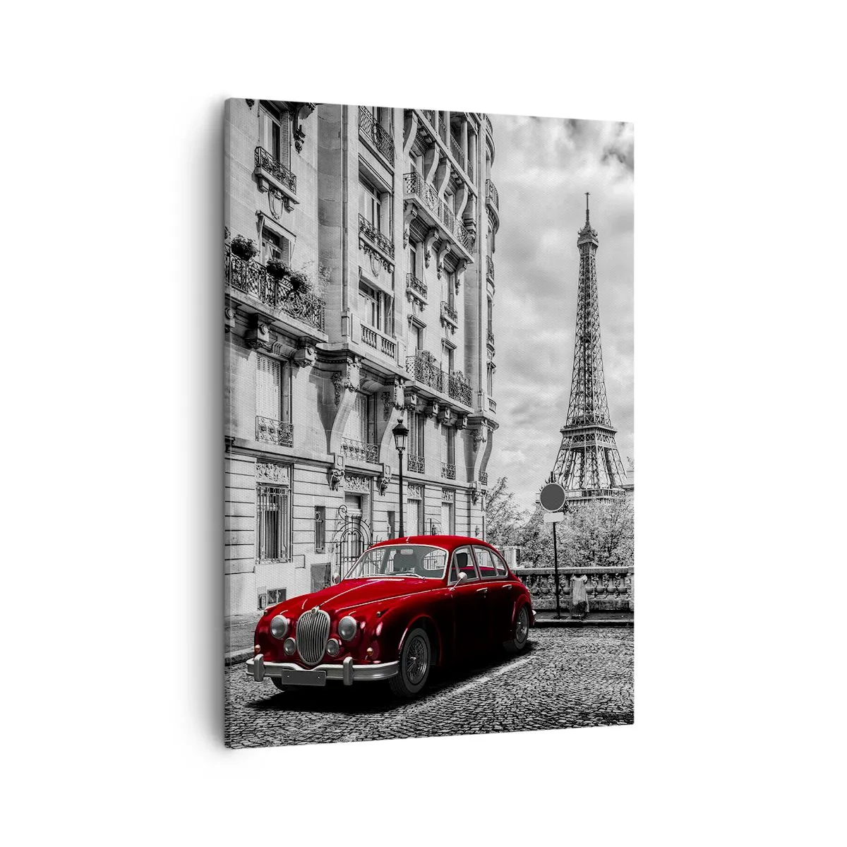 Cuadro sobre lienzo - Impresión de Imagen - Un coche rojo con la Torre Eiffel al fondo en un entorno en blanco y negro. - 50x70cm - Un depredador en la ciudad - Decoración de pared moderna para salón y dormitorio ARTTOR