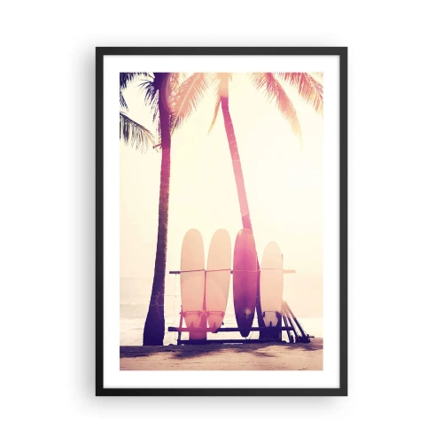 Póster en marco negro - Tablas de surf alineadas bajo palmeras en la playa. - 50x70cm - Va a ser un gran día - Decoración de pared moderna para salón y dormitorio ARTTOR