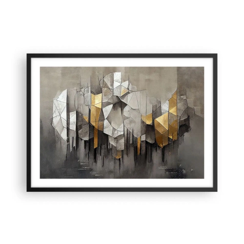 Póster en marco negro - Abstracción geométrica en tonos dorados y grises. - 70x50cm - Composición hecha de hielo y luz - Decoración de pared moderna para salón y dormitorio ARTTOR