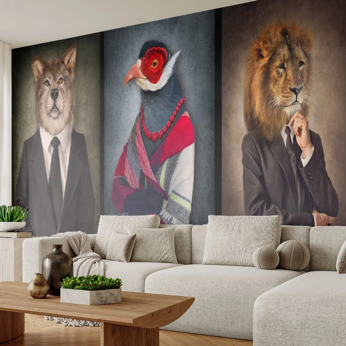 Fotomural Premium Canvas - Retratos estilizados de un lobo, un faisán y un león con ropas elegantes. - 100x70cm - ¿Qué estoy haciendo aquí? - Decoración de pared moderna para salón y dormitorio ARTTOR