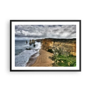 Póster en marco negro - Costa de acantilados con playa y formaciones rocosas - 70x50cm - Belleza en bruto - Decoración de pared moderna para salón y dormitorio ARTTOR