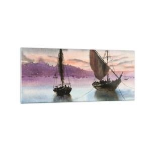 Cuadro sobre vidrio - Impresiones sobre Vidrio - Dos veleros amarrados en aguas tranquilas al anochecer - 120x50cm - Atardecer en el puerto - Decoración de pared moderna para salón y dormitorio ARTTOR