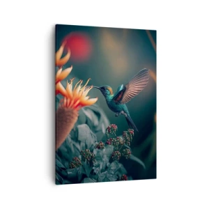 Cuadro sobre lienzo - Impresión de Imagen - Un colibrí colorido junto a las flores contra un fondo natural. - 50x70cm - Una vida verdaderamente colorida - Decoración de pared moderna para salón y dormitorio ARTTOR