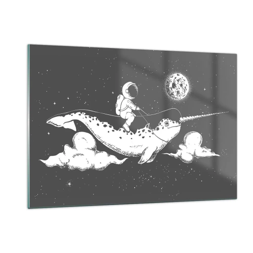 Cuadro sobre vidrio - Impresiones sobre Vidrio - Astronauta montando un narval en un entorno espacial - 120x80cm - Jinete espacial - Decoración de pared moderna para salón y dormitorio ARTTOR