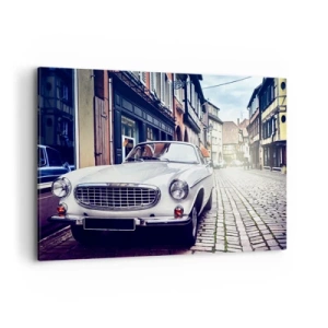 Cuadro sobre lienzo - Impresión de Imagen - Un coche blanco clásico en una calle adoquinada de la ciudad. - 120x80cm - El pasado está aquí - Decoración de pared moderna para salón y dormitorio ARTTOR