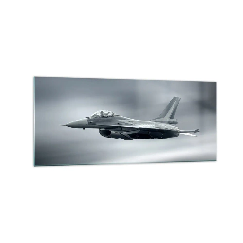 Cuadro sobre vidrio - Impresiones sobre Vidrio - Un avión de combate en vuelo contra un cielo nublado. - 120x50cm - ¿Quieres un reto? - Decoración de pared moderna para salón y dormitorio ARTTOR