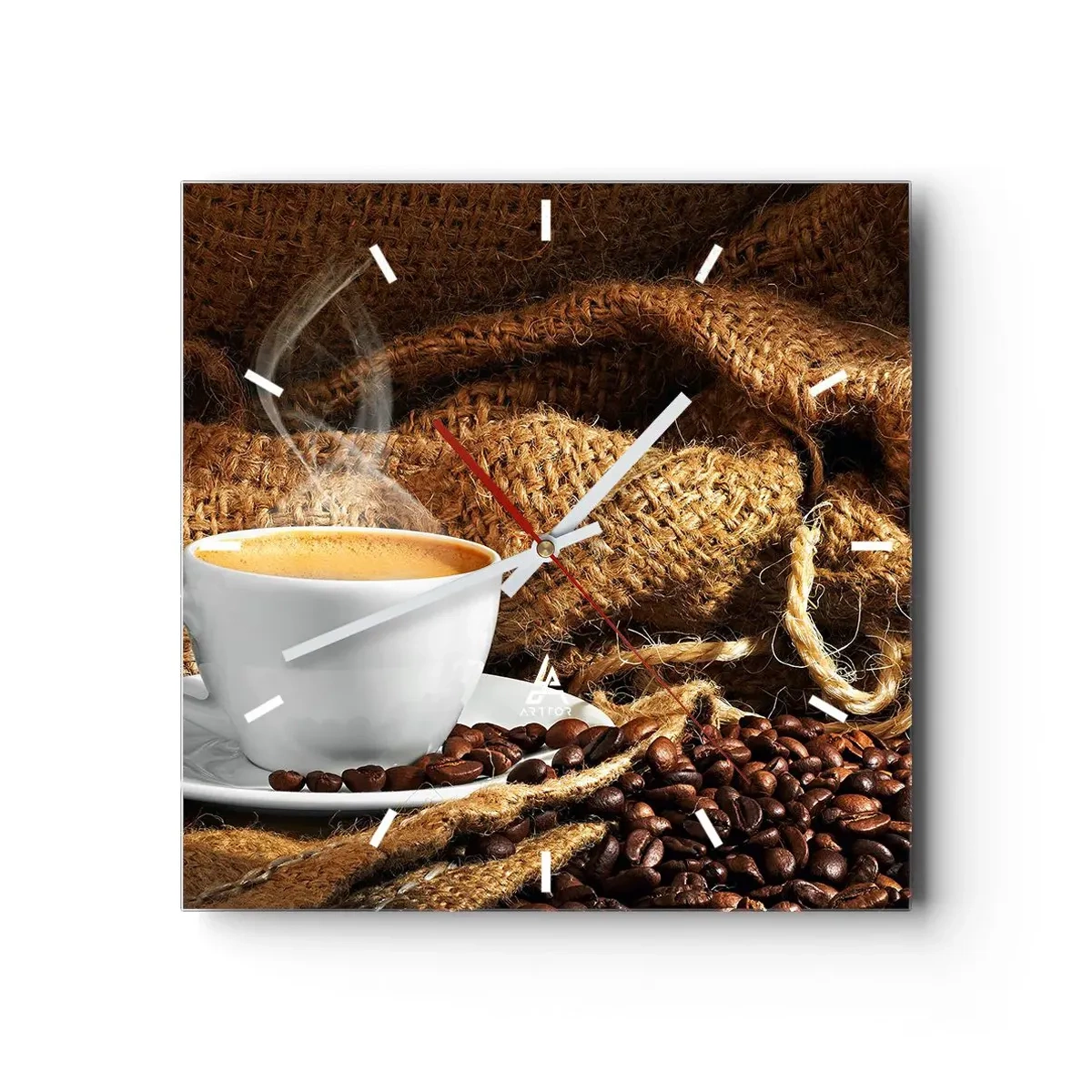 Reloj de pared - Reloj de vidrio - Una taza de café rodeada de una bolsa de granos de café. - 30x30cm - Olor a moca y densidad del líquido meloso - Decoración de pared moderna para salón y dormitorio ARTTOR