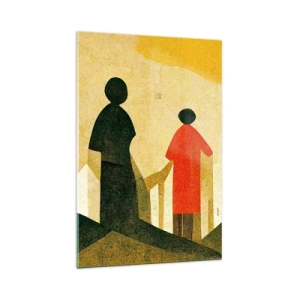 Cuadro sobre vidrio - Impresiones sobre Vidrio - Siluetas geométricas en rojo y verde sobre un fondo amarillo. - 70x100cm - Todavía lejos del destino - Decoración de pared moderna para salón y dormitorio ARTTOR