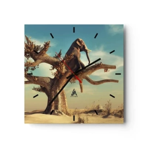 Reloj de pared - Reloj de vidrio - Un elefante sentado en un árbol en un paisaje surrealista. - 30x30cm - Un nuevo punto de vista - Decoración de pared moderna para salón y dormitorio ARTTOR