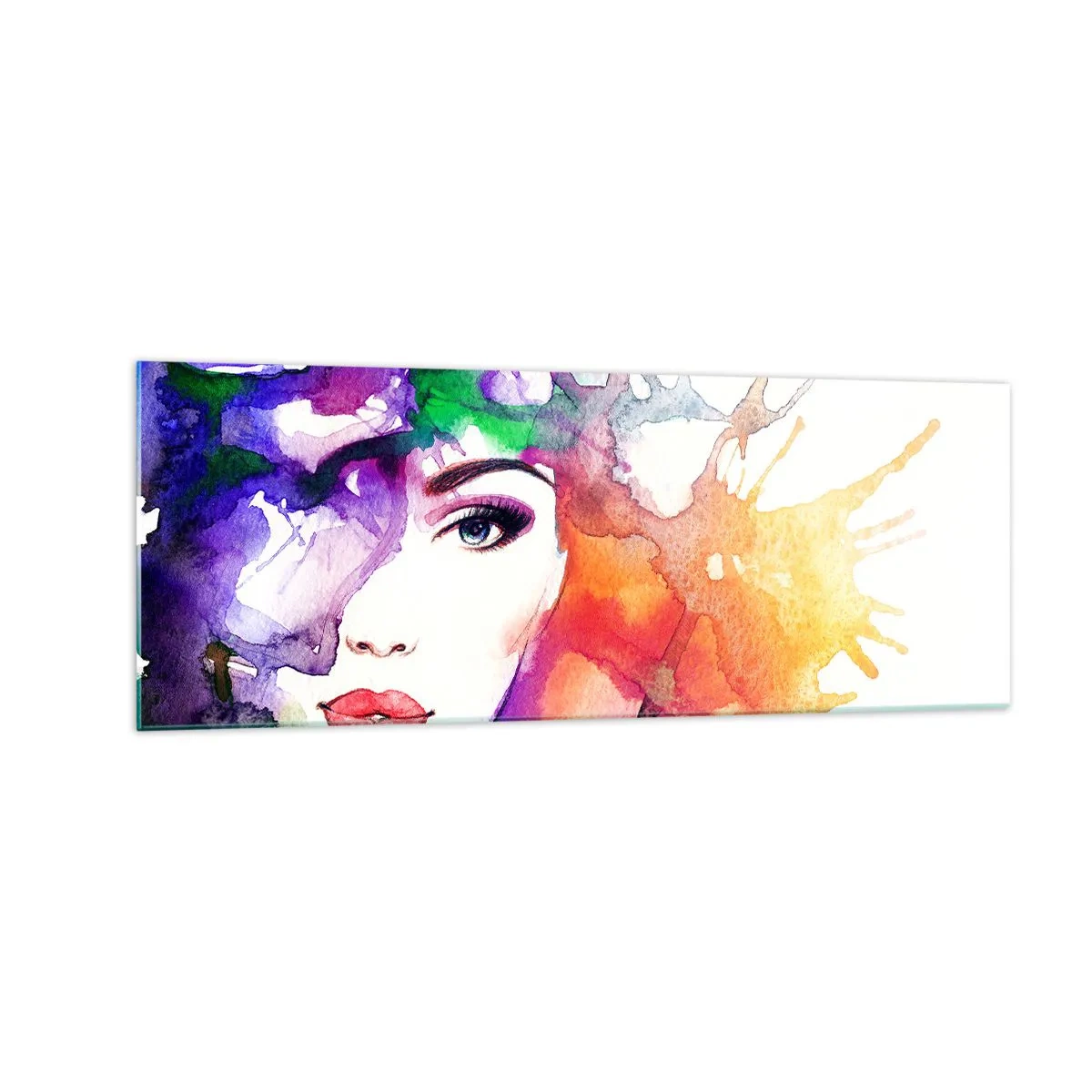 Cuadro sobre vidrio - Impresiones sobre Vidrio - Retrato de una mujer en colores de acuarela con manchas abstractas. - 140x50cm - Con la cabeza en las nubes - Decoración de pared moderna para salón y dormitorio ARTTOR