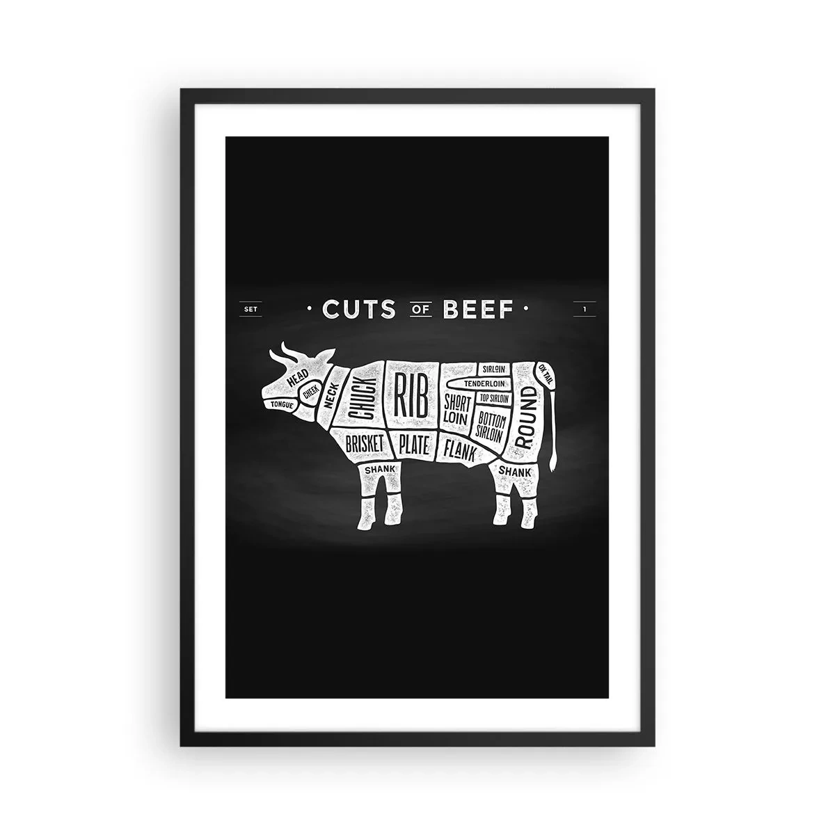 Póster en marco negro - Diagrama de cortes de carne de res sobre un fondo negro en estilo retro - 50x70cm - Manual del carnicero - Decoración de pared moderna para salón y dormitorio ARTTOR