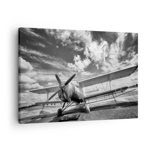 Cuadro sobre lienzo - Impresión de Imagen - Un avión antiguo en el aeropuerto en blanco y negro. - 70x50cm - No puedo esperar - Decoración de pared moderna para salón y dormitorio ARTTOR