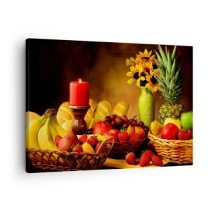Cuadro sobre lienzo - Impresión de Imagen - Bodegón con fruta, pan, vela y flores. - 70x50cm - Bodegón con pan y fruta - Decoración de pared moderna para salón y dormitorio ARTTOR
