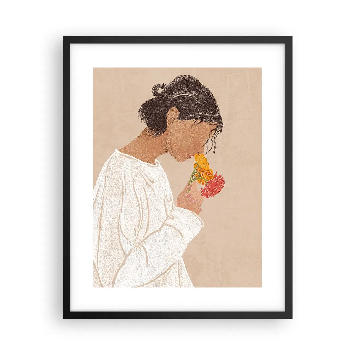 Póster en marco negro - Joven con flores - 40x50 cm