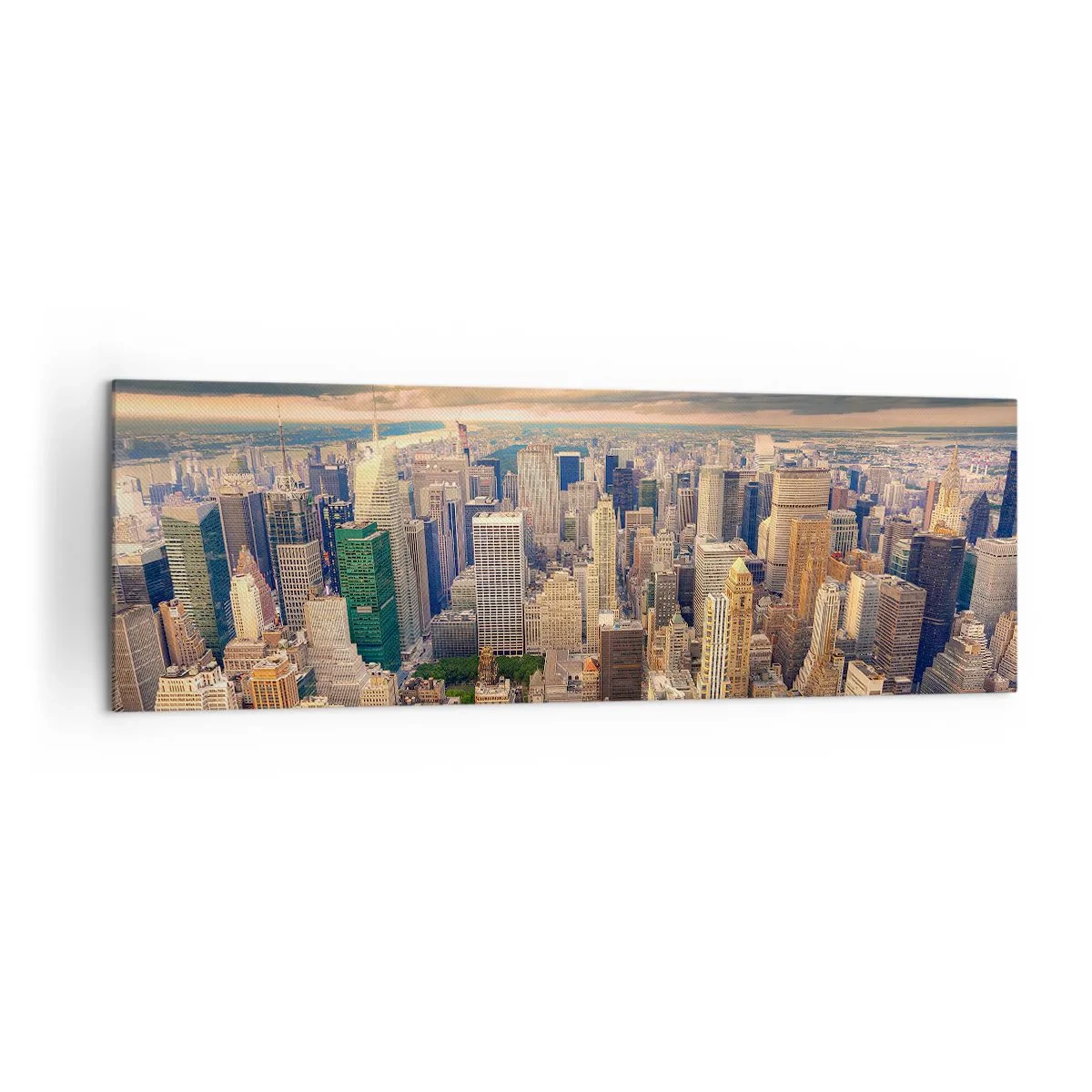 Cuadro sobre lienzo - Impresión de Imagen - Panorama de la ciudad con vistas a los rascacielos al atardecer - 160x50cm - Metrópolis dorada - Decoración de pared moderna para salón y dormitorio ARTTOR