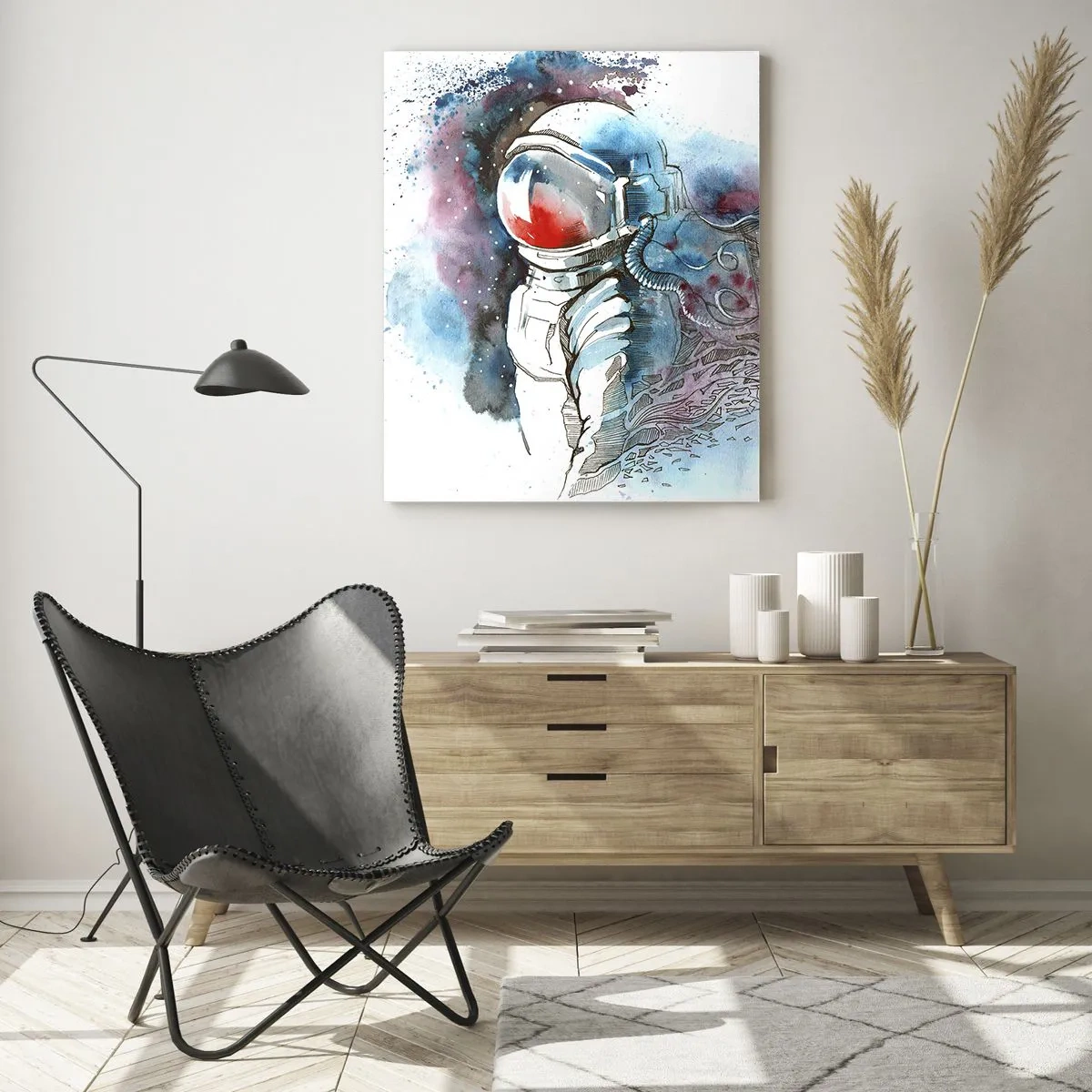 Cuadro sobre vidrio - Impresiones sobre Vidrio - Astronauta en un dinámico entorno espacial de acuarela - 50x70cm - A solas con el cosmos - Decoración de pared moderna para salón y dormitorio ARTTOR