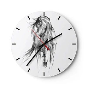 Reloj de pared - Reloj de vidrio - Un dibujo a lápiz de un caballo al galope sobre un fondo blanco. - 30x30cm - En un elegante trote - Decoración de pared moderna para salón, cocina y dormitorio ARTTOR