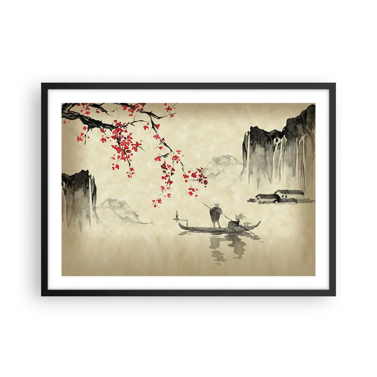 Póster en marco negro - Ilustración oriental con un barco y una rama floreciente. - 70x50cm - En el país de los cerezos en flor - Decoración de pared moderna para salón y dormitorio ARTTOR