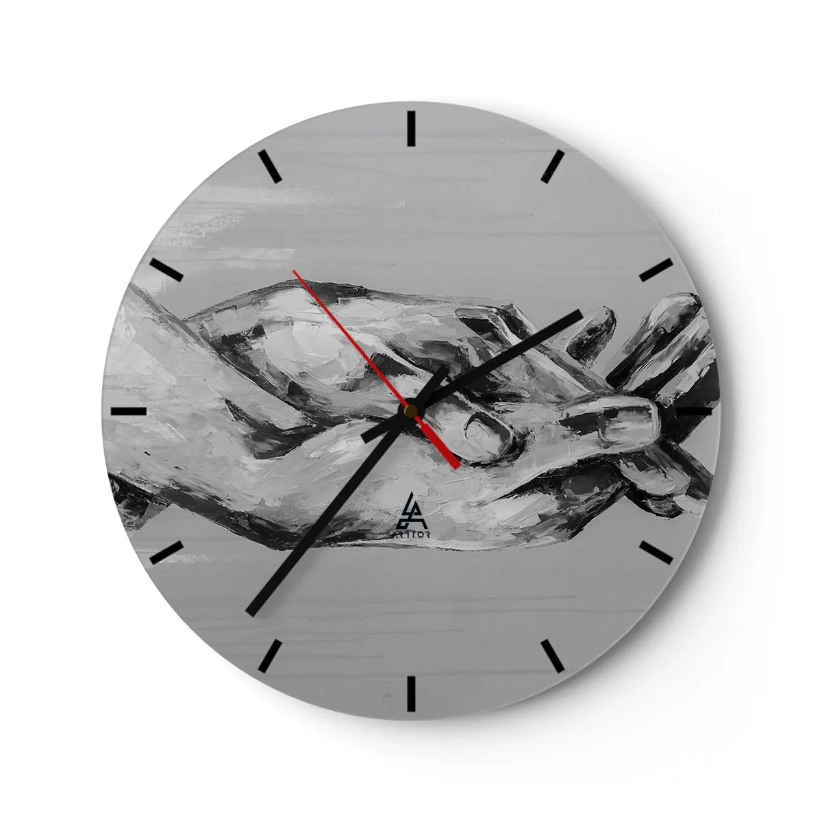 Reloj de pared - Reloj de vidrio - Manos simbólicas en tonos de gris capturadas en un estilo artístico. - 30x30cm - El comienzo... - Decoración de pared moderna para salón, cocina y dormitorio ARTTOR