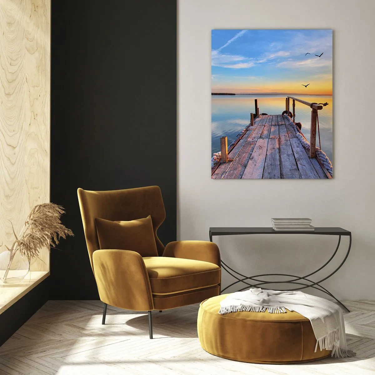 Cuadro sobre vidrio - Impresiones sobre Vidrio - Muelle de madera al atardecer en un lago tranquilo - 80x120cm - Caminando hacia el sol - Decoración de pared moderna para salón y dormitorio ARTTOR