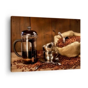Cuadro sobre lienzo - Impresión de Imagen - Prensa francesa, tazas y una bolsa de café sobre un fondo de madera. - 70x50cm - El embrujo del café: aroma y sabor - Decoración de pared moderna para salón y dormitorio ARTTOR
