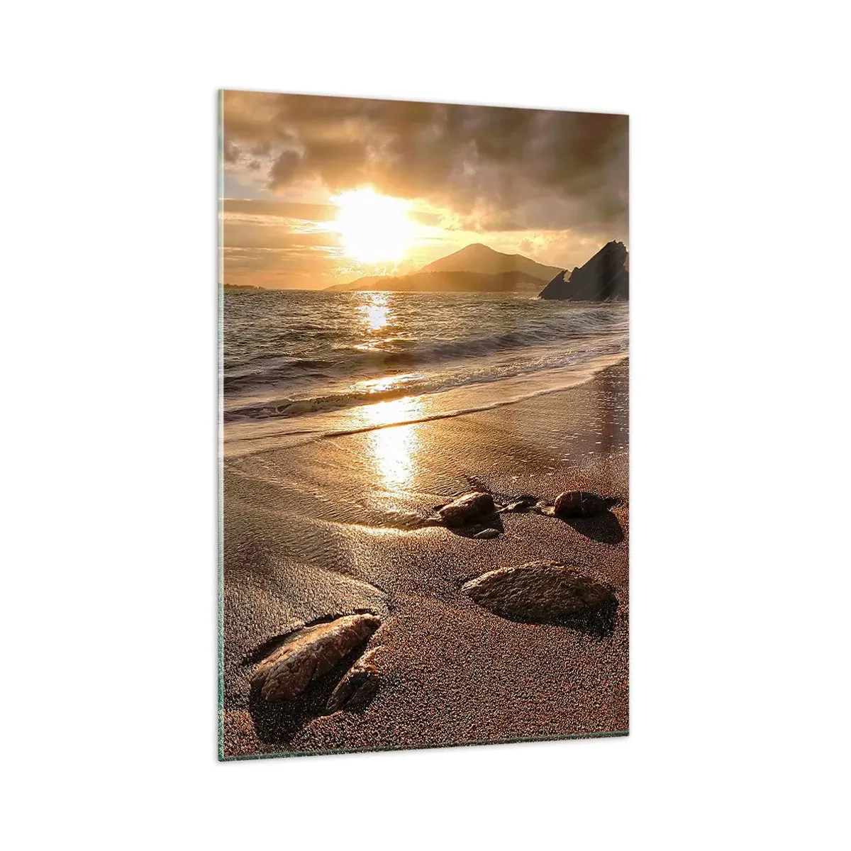Cuadro sobre vidrio - Impresiones sobre Vidrio - Playa al atardecer con piedras en la orilla - 80x120cm - Sigue el sol hacia las colinas - Decoración de pared moderna para salón y dormitorio ARTTOR