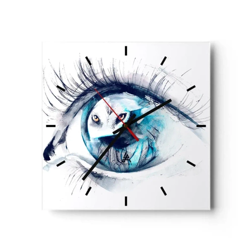 Reloj de pared - Reloj de vidrio - Un ojo con la imagen de un búho en tonos de acuarela azul. - 30x30cm - Ojo con la naturaleza - Decoración de pared moderna para salón y dormitorio ARTTOR