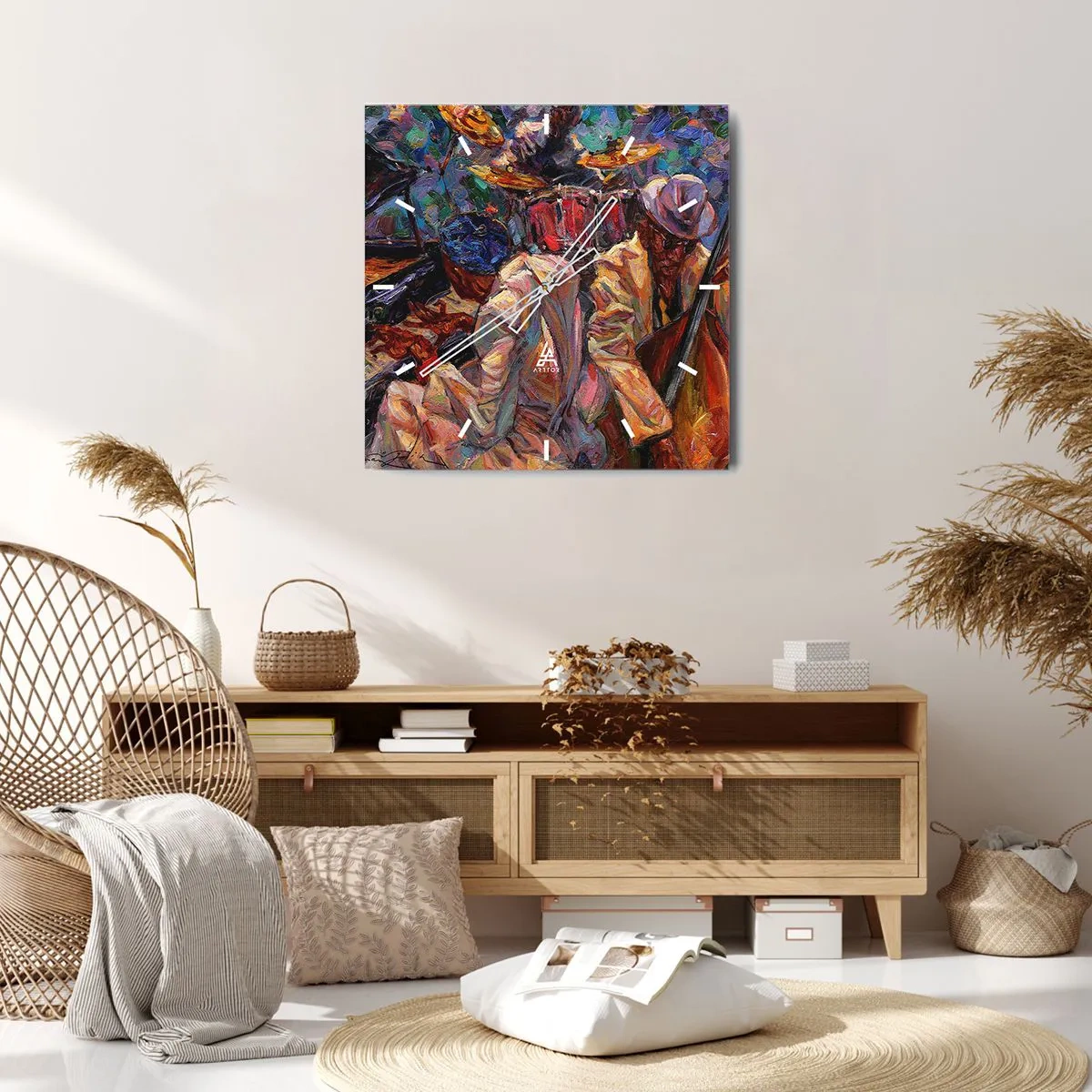 Reloj de pared - Reloj de vidrio - Escena de jazz enérgica con músicos e instrumentos. - 30x30cm - En un ritmo mágico - Decoración de pared moderna para salón y dormitorio ARTTOR
