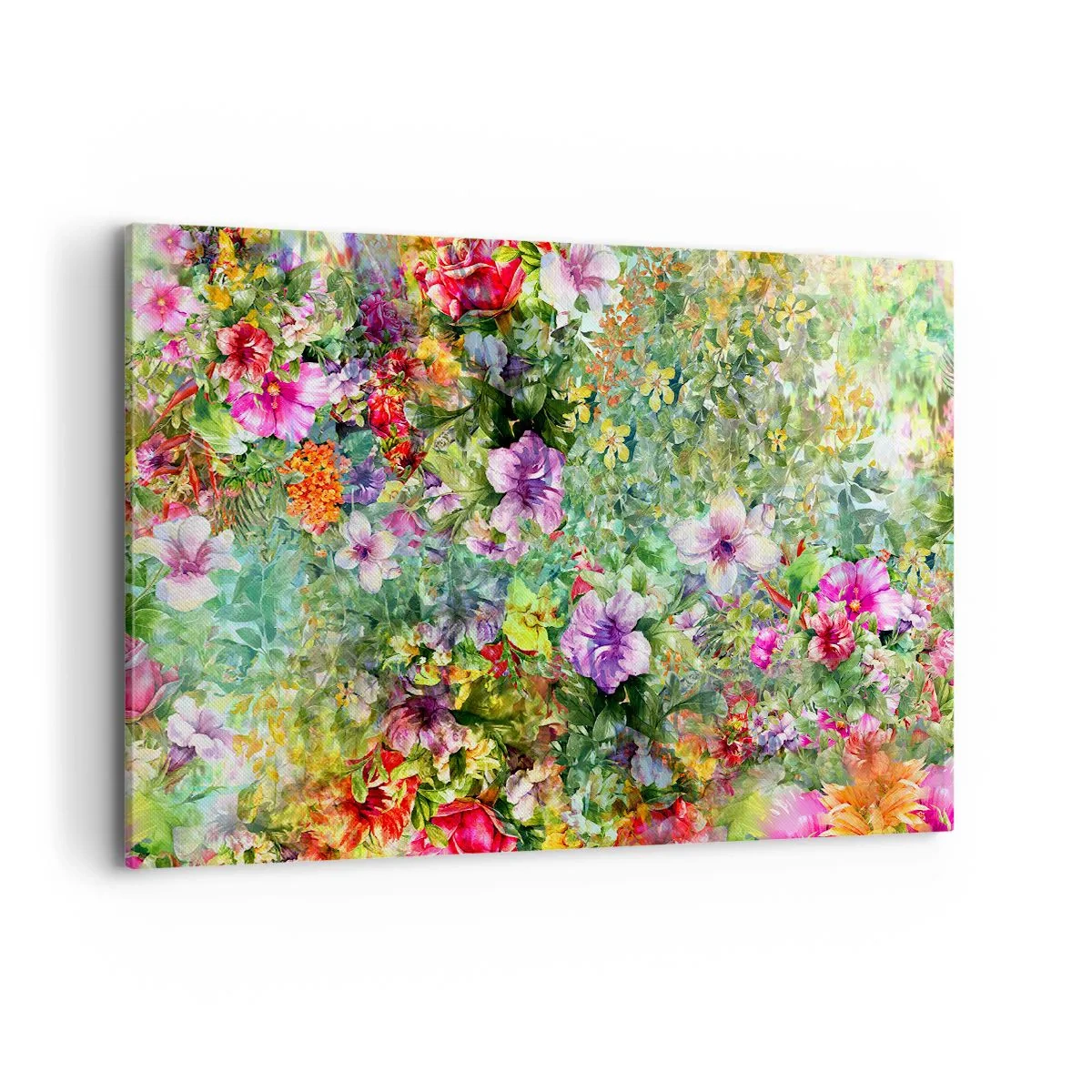 Cuadro sobre lienzo - Impresión de Imagen - Un arreglo floral colorido sobre un fondo verde. - 120x80cm - En flores a la perdición - Decoración de pared moderna para salón y dormitorio ARTTOR