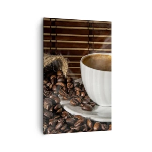 Cuadro sobre lienzo - Impresión de Imagen - Una taza de café con granos sobre un fondo de bambú. - 80x120cm - La negrura del carbón, la transparencia del ámbar - Decoración de pared moderna para salón y dormitorio ARTTOR