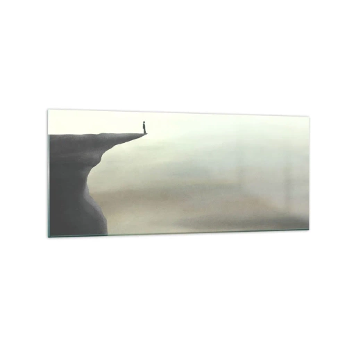 Cuadro sobre vidrio - Impresiones sobre Vidrio - Silueta de una figura en el borde de un acantilado en un paisaje brumoso - 120x50cm - Hacia arriba, ¡por supuesto! - Decoración de pared moderna para salón y dormitorio ARTTOR
