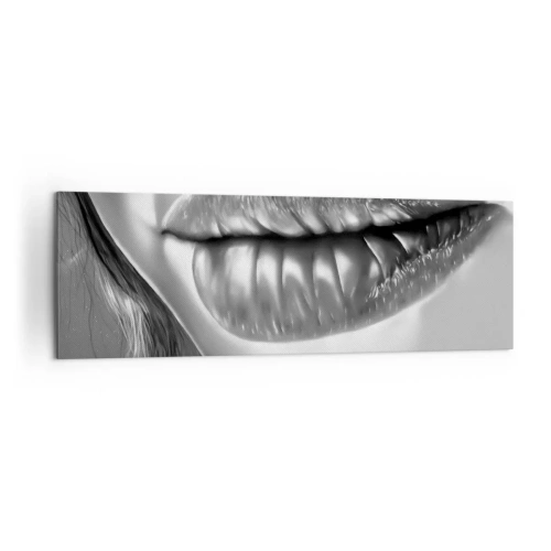 Cuadro sobre lienzo - Impresión de Imagen - Primer plano en blanco y negro de los labios de una mujer con efecto brillante y detalles. - 160x50cm - Sé lo que estás pensando... - Decoración de pared moderna para salón y dormitorio ARTTOR