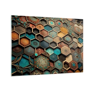 Cuadro sobre vidrio - Impresiones sobre Vidrio - Mosaico con patrones geométricos de estilo oriental. - 70x50cm - Ornamentos árabes - Decoración de pared moderna para salón y dormitorio ARTTOR