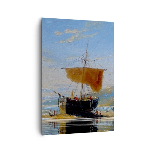 Cuadro sobre lienzo - Impresión de Imagen - Un barco en la orilla del mar en un día soleado. - 70x100cm - Agua, tierra, aire - Decoración de pared moderna para salón y dormitorio ARTTOR