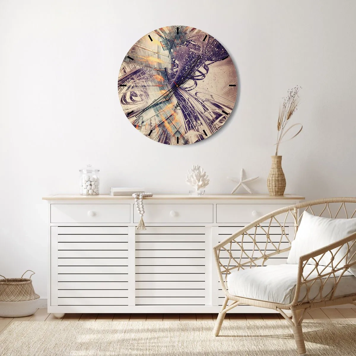 Reloj de pared - Reloj de vidrio - Composición geométrica abstracta en tonos beige y morado. - 30x30cm - Con mucha prisa - Decoración de pared moderna para salón, cocina y dormitorio ARTTOR