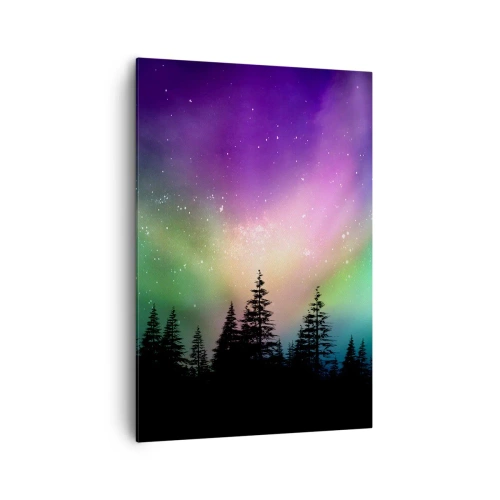 Cuadro sobre lienzo - Impresión de Imagen - Aurora boreal sobre un bosque con cielo estrellado - 70x100cm - Magia blanca - Decoración de pared moderna para salón y dormitorio ARTTOR