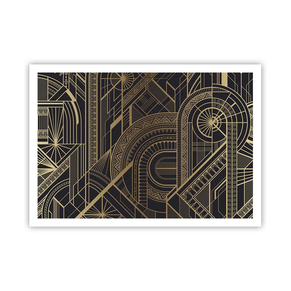 Póster - Patrones geométricos dorados sobre fondo negro en estilo Art Déco - 100x70cm - Conceptos, ideas, planes - Decoración de pared moderna para salón y dormitorio ARTTOR