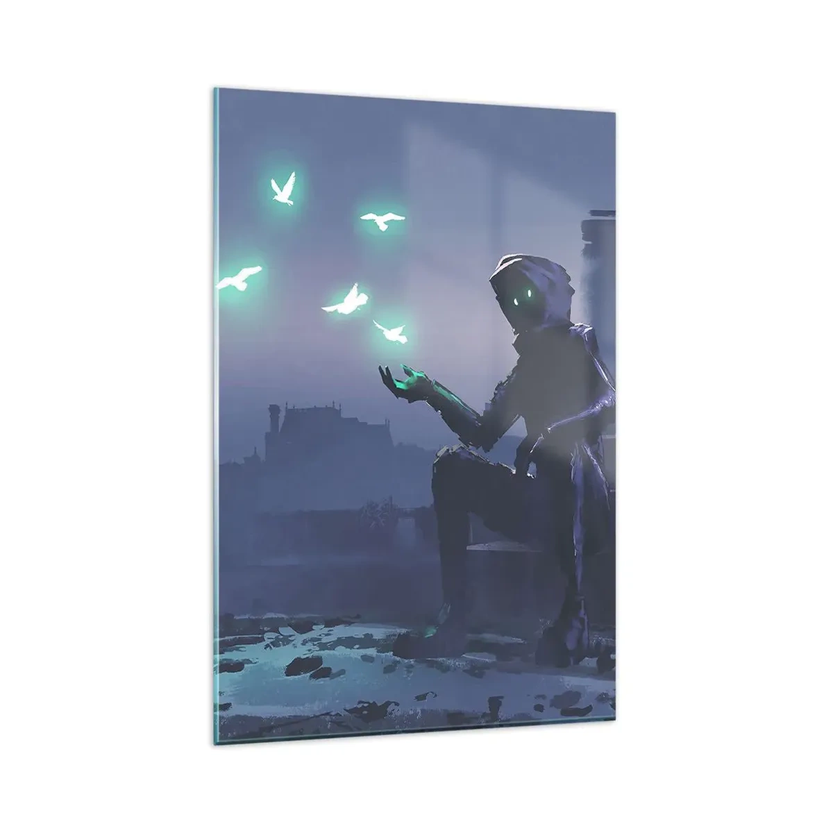 Cuadro sobre vidrio - Impresiones sobre Vidrio - Una figura encapuchada con pájaros mágicos en el fondo de una ciudad. - 80x120cm - La vida volverá - Decoración de pared moderna para salón y dormitorio ARTTOR
