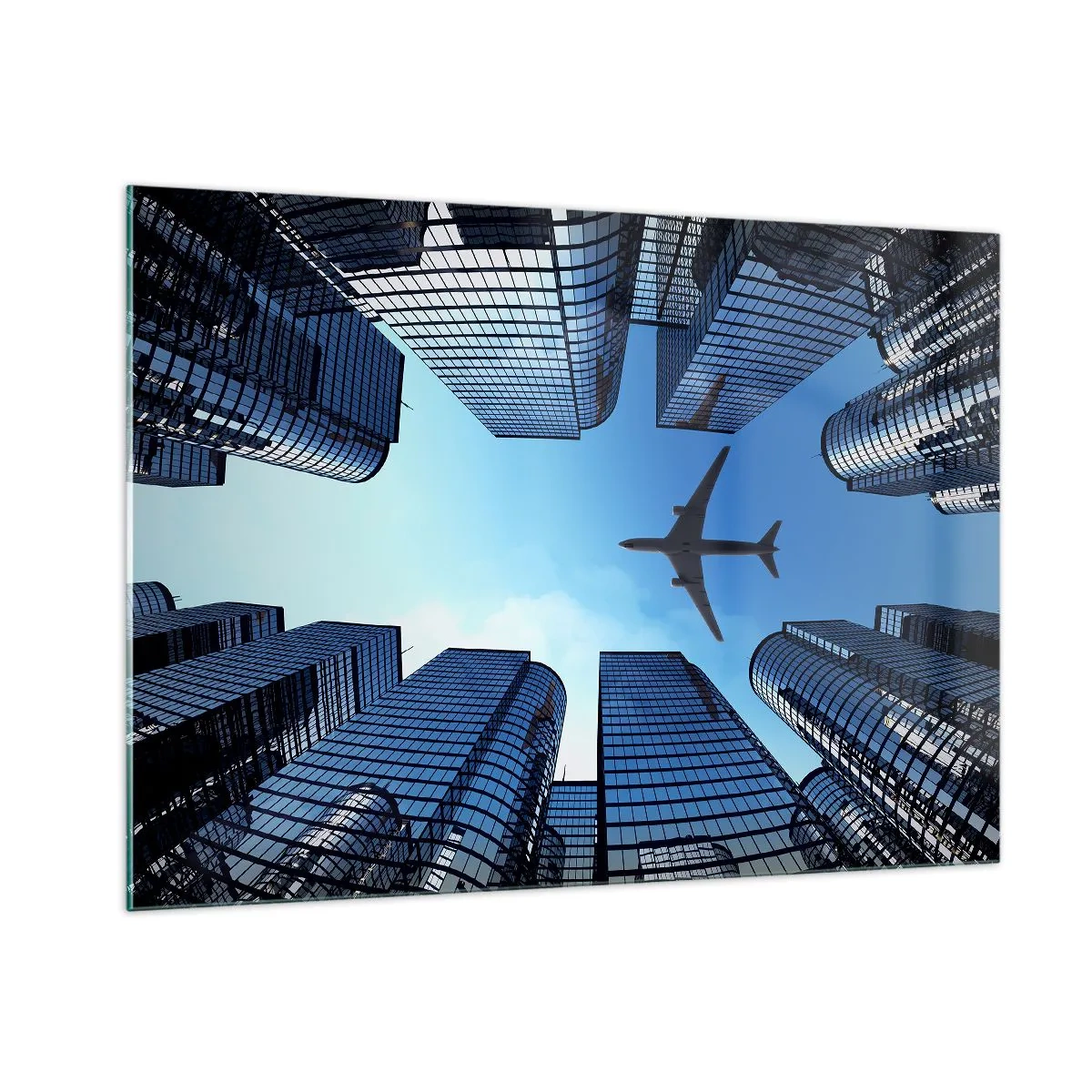 Cuadro sobre vidrio - Impresiones sobre Vidrio - Vista del avión entre rascacielos. - 100x70cm - La vista desde el abismo de cristal - Decoración de pared moderna para salón y dormitorio ARTTOR