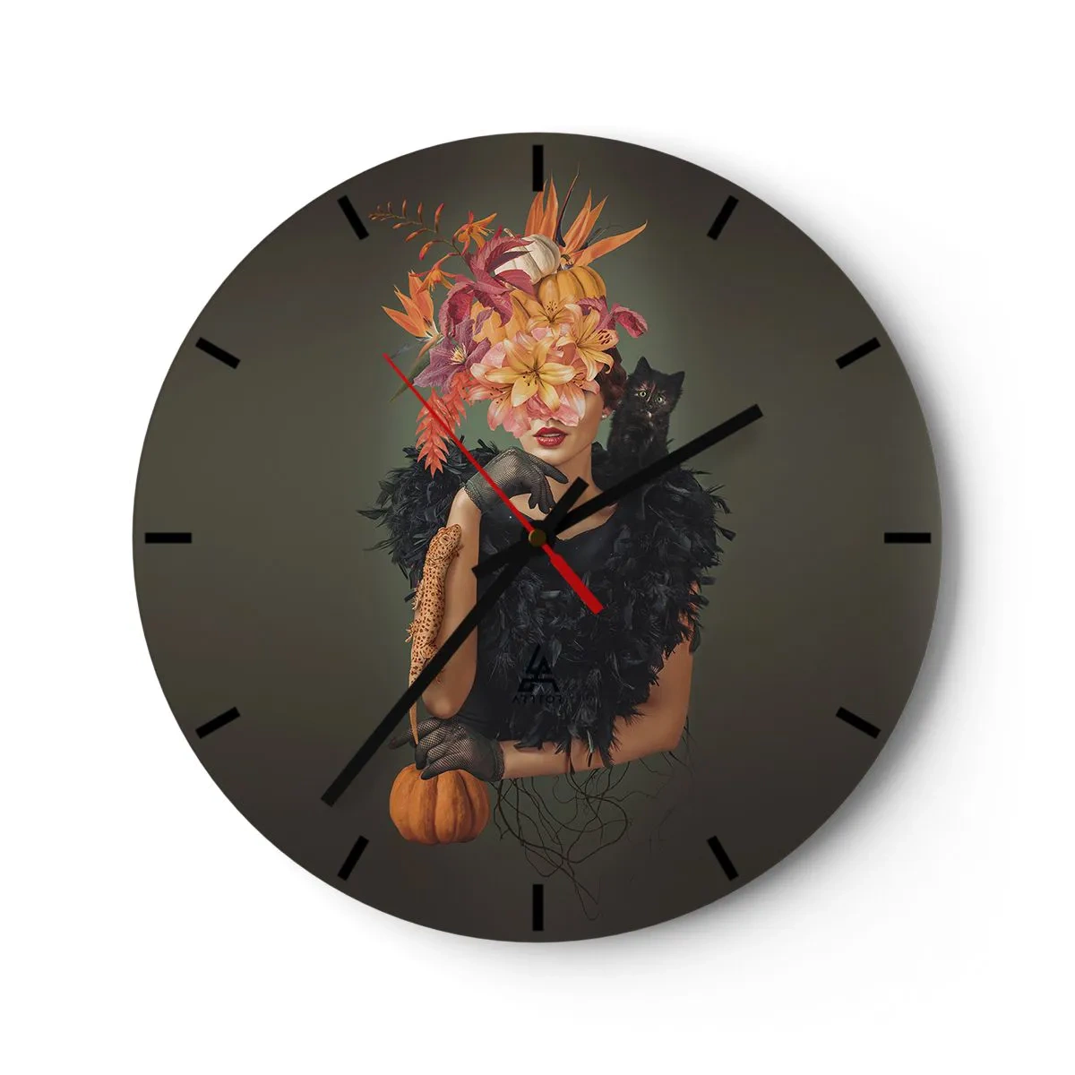 Reloj de pared - Reloj de vidrio - Una mujer con un arreglo floral y una calabaza sobre un fondo oscuro. - 30x30cm - Hechizo de bruja - Decoración de pared moderna para salón, cocina y dormitorio ARTTOR