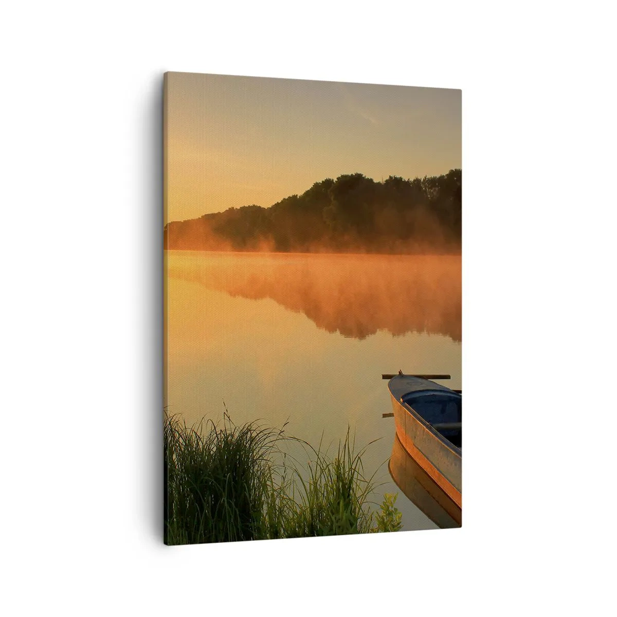 Cuadro sobre lienzo - Impresión de Imagen - Niebla matutina sobre el río con un barco bajo los rayos del sol. - 50x70cm - Amanecer sobre el agua como la superficie de un espejo - Decoración de pared moderna para salón y dormitorio ARTTOR