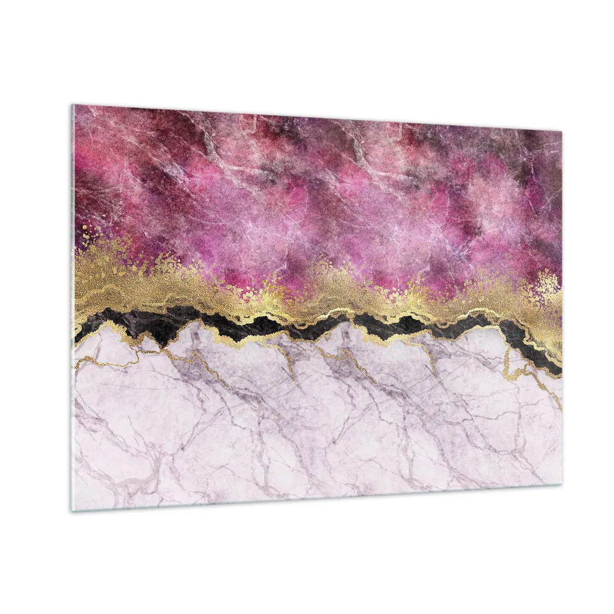 Cuadro sobre vidrio - Impresiones sobre Vidrio - Composición abstracta de mármol con acentos dorados y morados. - 100x70cm - En la frontera - Decoración de pared moderna para salón y dormitorio ARTTOR