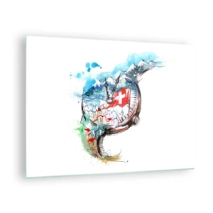 Cuadro sobre vidrio - Impresiones sobre Vidrio - Pintura de acuarela de un paisaje suizo con una bandera y un reloj. - 70x50cm - El espíritu de Suiza - Decoración de pared moderna para salón y dormitorio ARTTOR