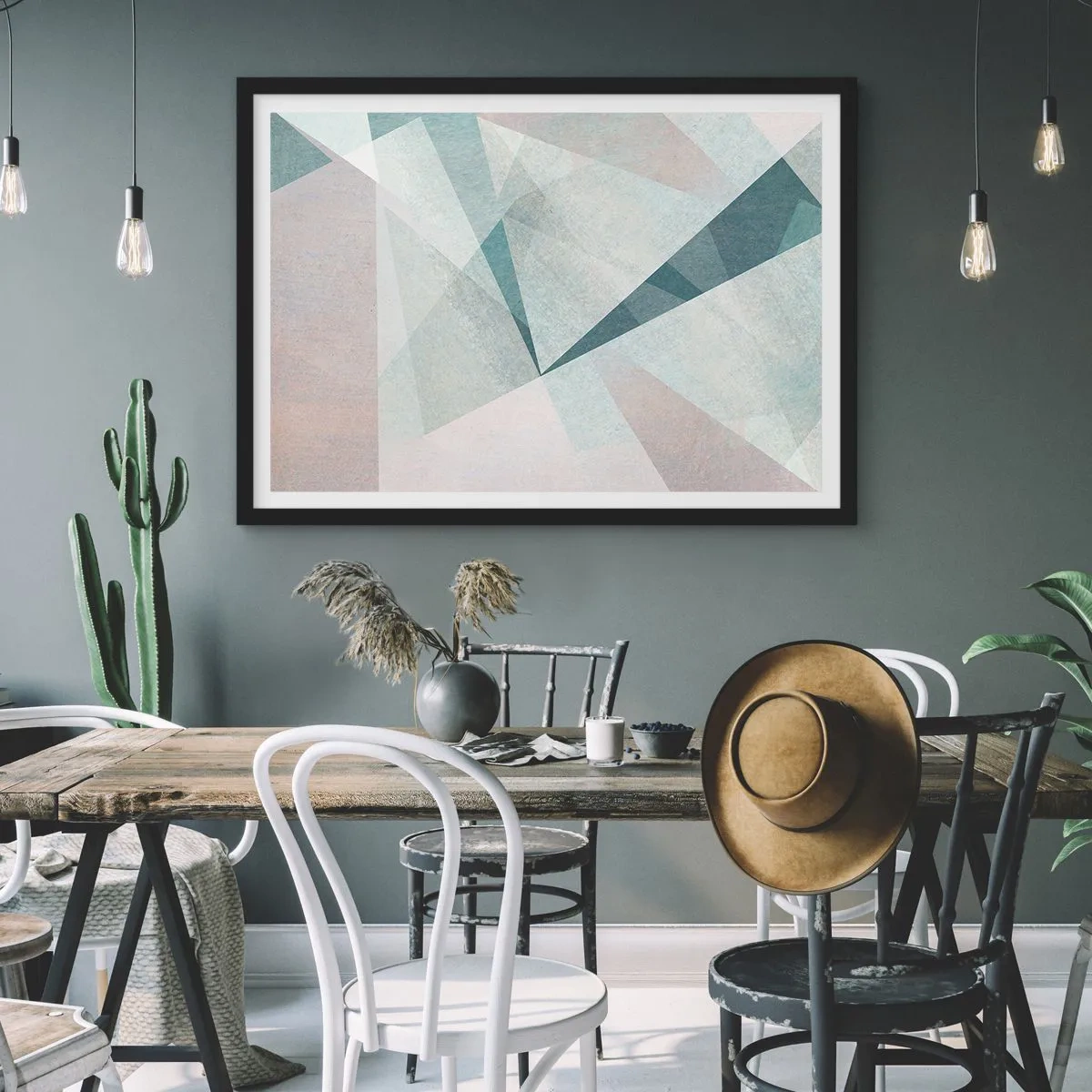 Póster en marco negro - Formas geométricas en tonos pastel de azul y gris. - 70x50cm - Tranquilo pero dinámico - Decoración de pared moderna para salón y dormitorio ARTTOR