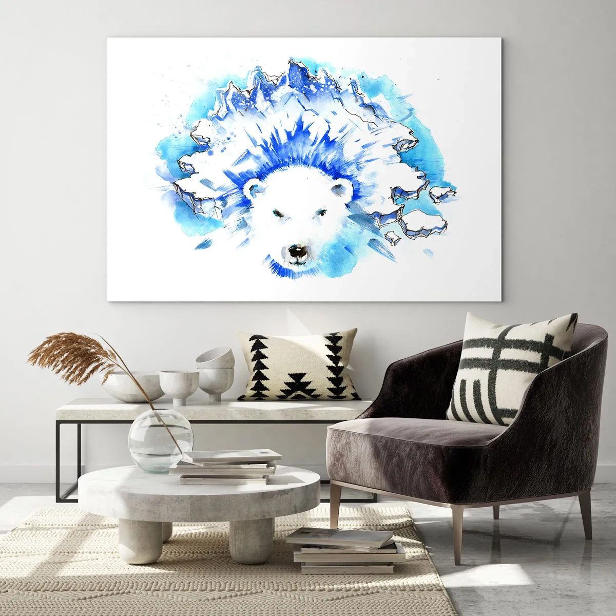 Cuadro sobre vidrio - Impresiones sobre Vidrio - Un oso polar con un telón de fondo de montañas heladas en tonos azules. - 100x70cm - El rey del Ártico con una corona de hielo - Decoración de pared moderna para salón y dormitorio ARTTOR
